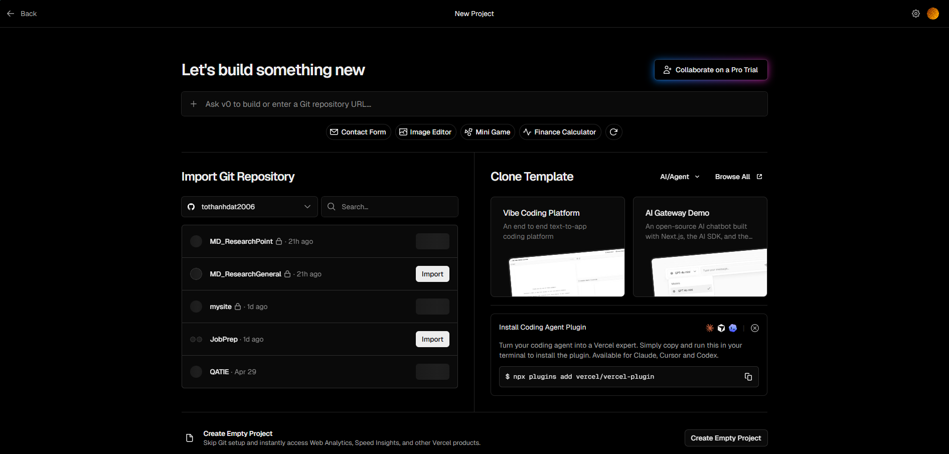 Vercel menu for create a new project